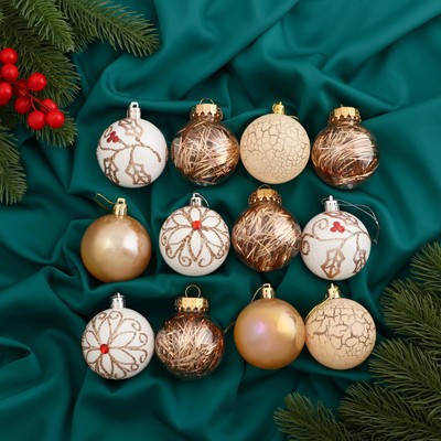 Ёлочные игрушки «Мелодия элитная» ассорти, шары новогодние, d=6 см, набор 12 шт., белый/золото