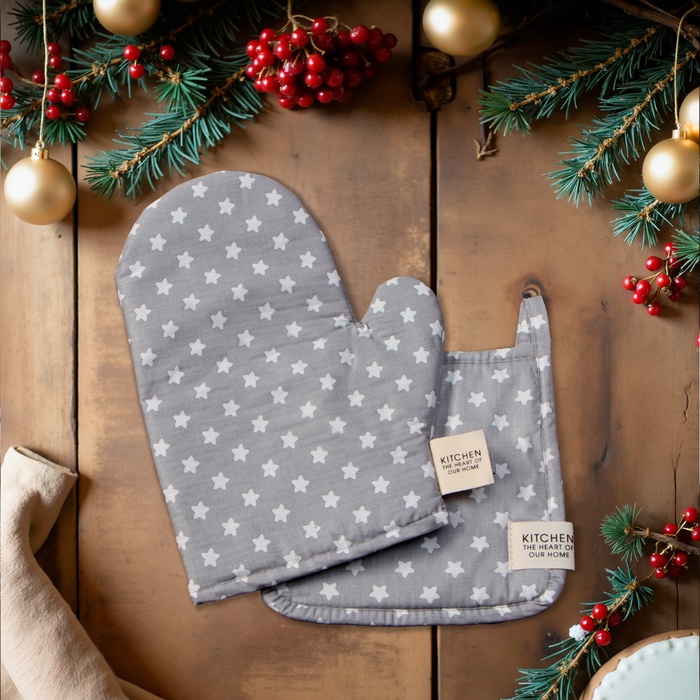 Кухонный набор «Этель. Звёзды»: варежка 20×28 см, прихватка 19×19 см, серый - Фото 1