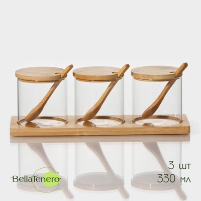 Набор банок стеклянных для сыпучих продуктов на бамбуковой подставке BellaTenero «Эко», 3 предмета: 330 мл