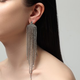 Серьги висячие со стразами «Водопад», веер, белые в серебре, 15.5 см  (артикул 9682180)  большой выбор товаров оптом и в розницу по низким ценам с доставкой