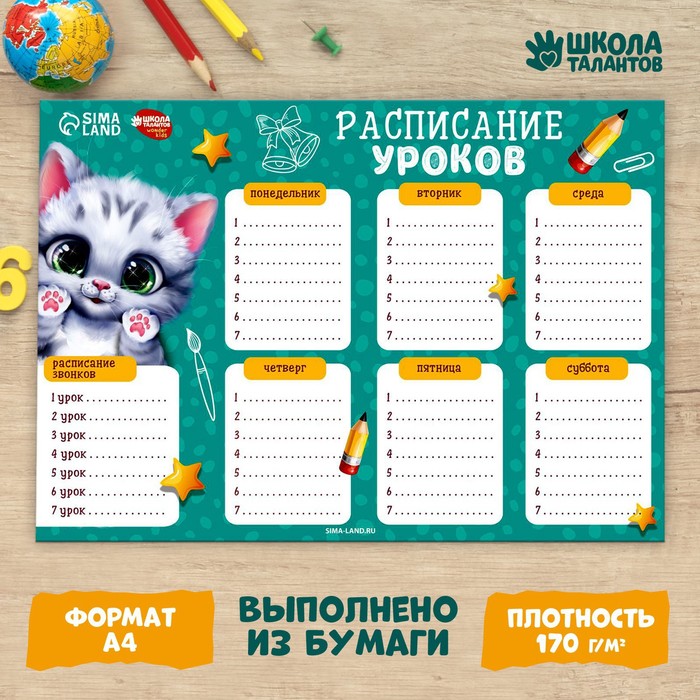 Расписание уроков «Мяу котенок»‎ бумажное, А4 - Фото 1