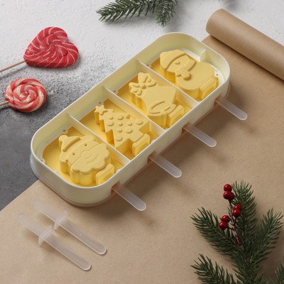 Форма для мороженого с крышкой Доляна «Новый год», силикон, 24×10×3 см, 4 ячейки, с палочками, цвет жёлтый