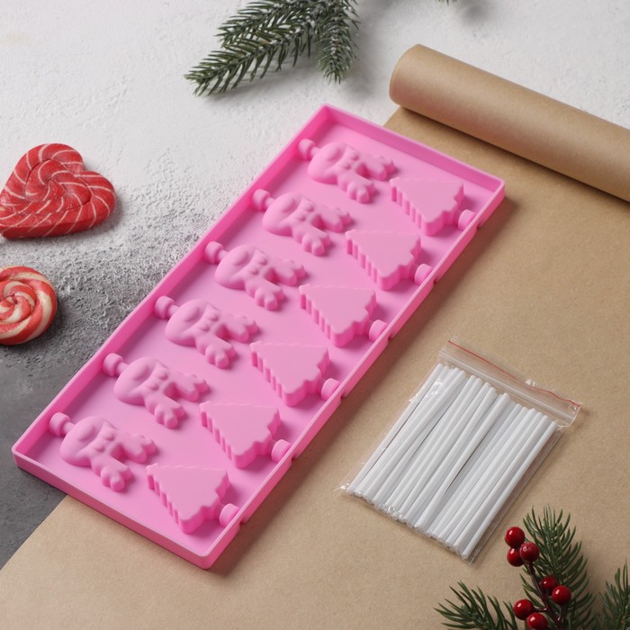 Форма для украшений Доляна «Новый год», силикон, 25×10,5×1 см, 12 ячеек, с палочками, цвет розовый - Фото 1