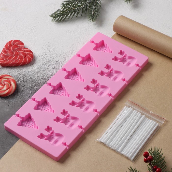 Форма для леденцов Доляна «Новый год», 25×10,5×1 см, 12 ячеек, с палочками, цвет розовый