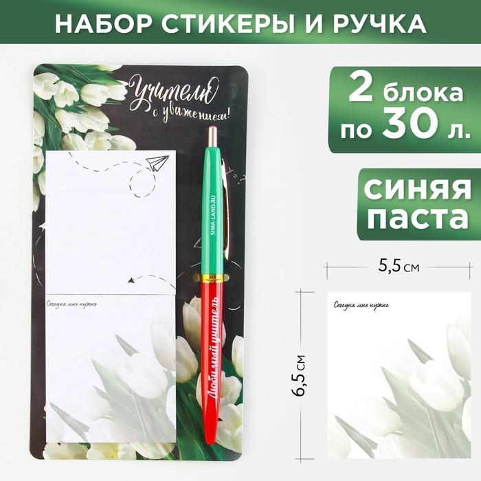 Набор стикеры и ручка «Учителю с уважением», 2 х 30 листа, синяя паста 0.7 мм - Фото 1