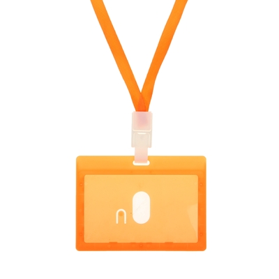 Бейдж - карман горизонтальный, внешний размер 100×74 мм, внутренний размер 90×54 мм, оранжевый, с оранжевой лентой, жёсткокаркасный