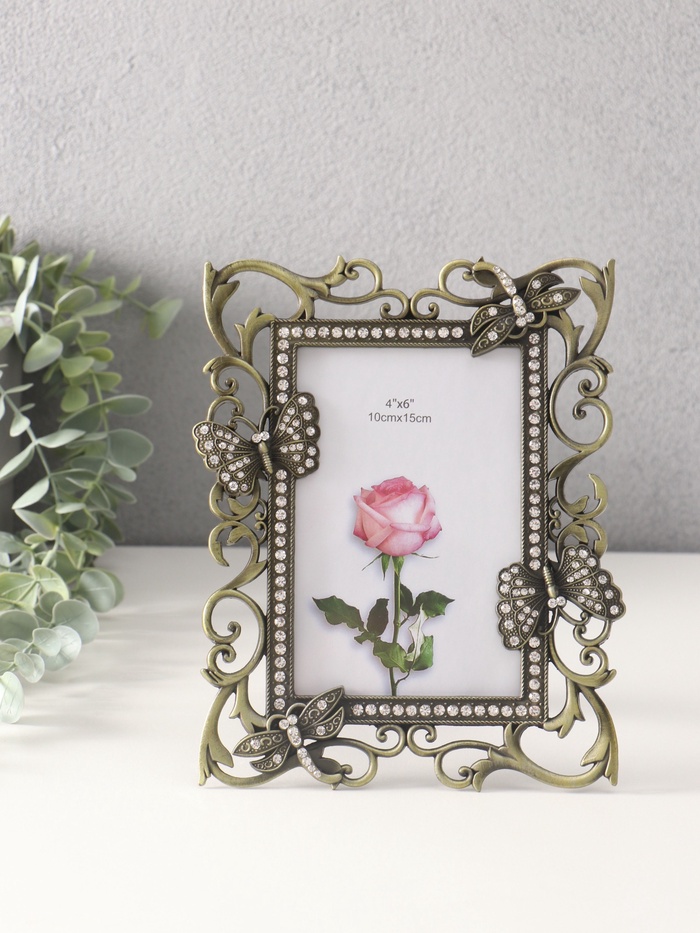 Фоторамка для фото 10×15 см «Бабочки и стрекозы», металл, стразы - Фото 1