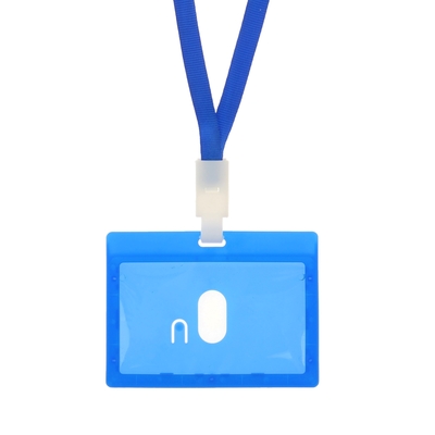 Бейдж - карман горизонтальный, внешний размер 100×74 мм, внутренний размер 90×54 мм, с синей лентой, жёсткокаркасный, синий