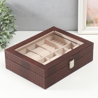 Шкатулка для украшений и часов 6 отделений «Кофейный питон», искусственная кожа, 7.7×20×25.5 см