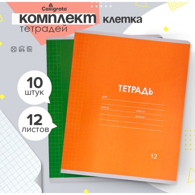 Комплект тетрадей из 10 штук, 12 листов в клетку Calligrata "Однотонная Классика Линовка. Эконом", обложка мелованная бумага, ВД-лак, блок №2, белизна 75% (серые листы), 5 видов по 2 штуки