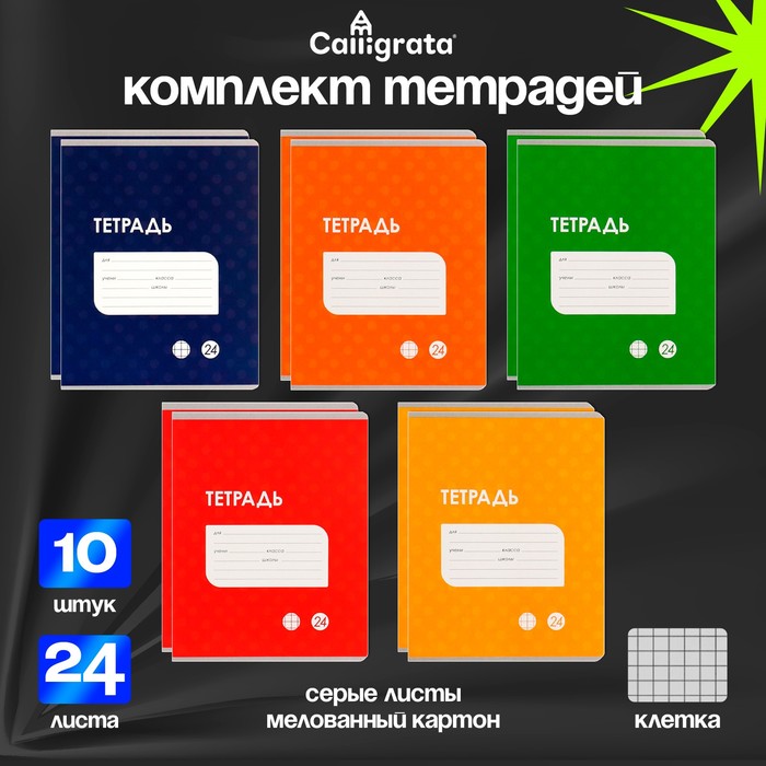 Комплект тетрадей из 10 штук, 24 листа в клетку Calligrata "Однотонная Классика точку. Эконом", обложка мелованный картон, ВД-лак, блок №2, белизна 75% (серые листы), 5 видов по 2 штуки