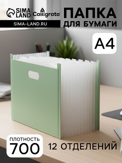 Папка 12 отделений, А4, зеленая пастель