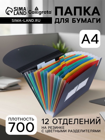 Папка 12 отделений, А4, с цветными разделителями, черная