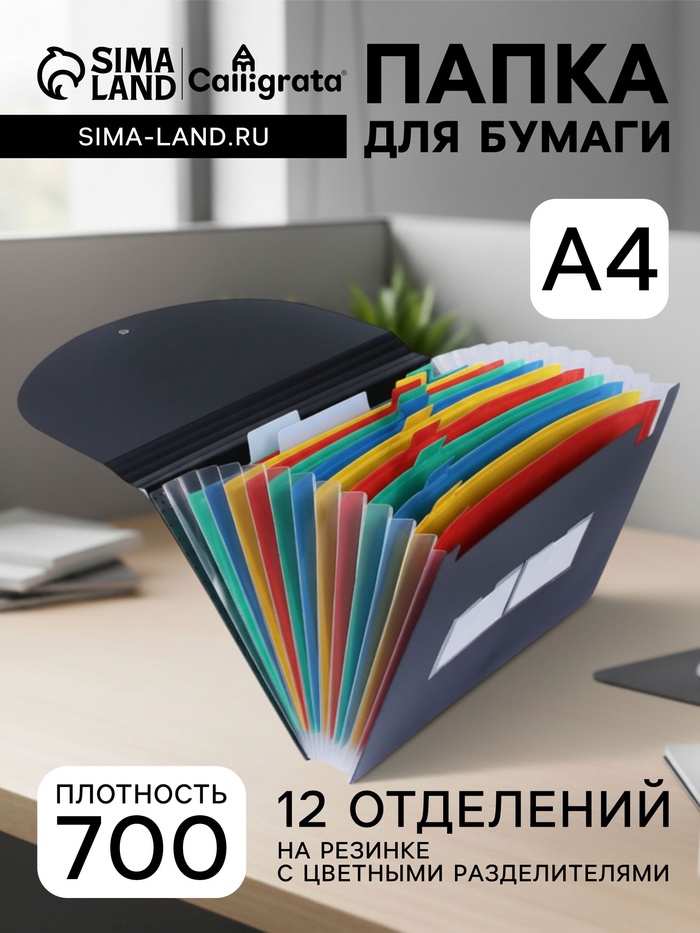 Папка 12 отделений, А4, с цветными разделителями, черная - Фото 1