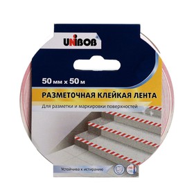 Лента сигнальная, клейкая, разметочная "Unibob" красно-белая, ширина - 5 см, 50 м