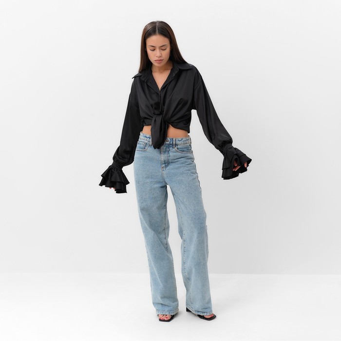 Блуза женская шелковая с воланами MIST, размер 44, черный 65389