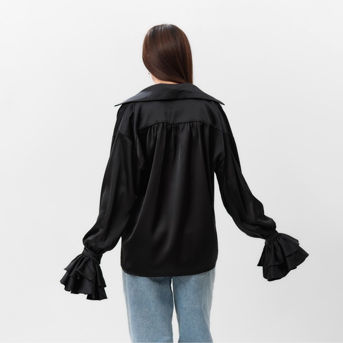 Блуза женская шелковая с воланами MIST, размер 44, черный 65389