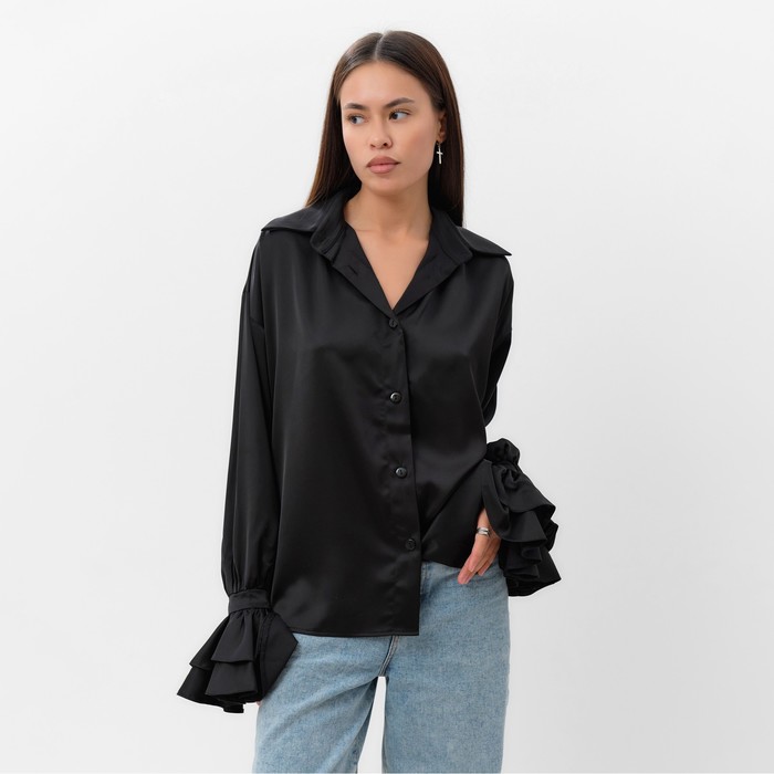 Блуза женская шелковая с воланами MIST, размер 48, черный
