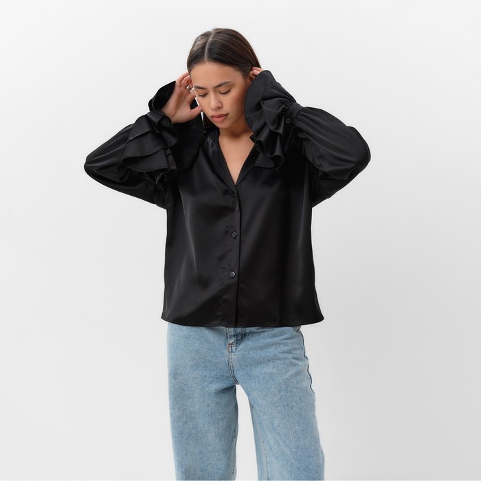 Блуза женская шелковая с воланами MIST, размер 48, черный 65391