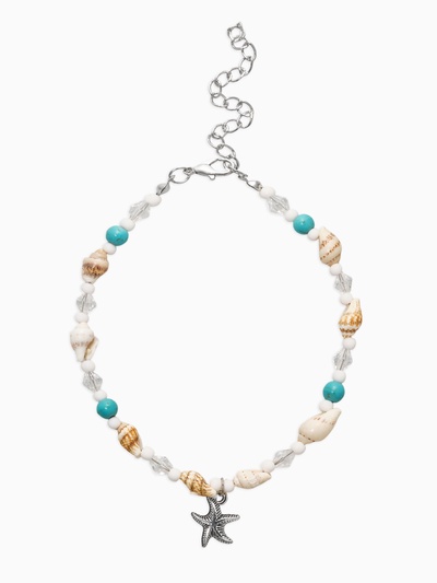 Браслет на ногу QF «Морская звезда», бело-голубой в серебре, 23.5 см + удлинитель 4.5 см