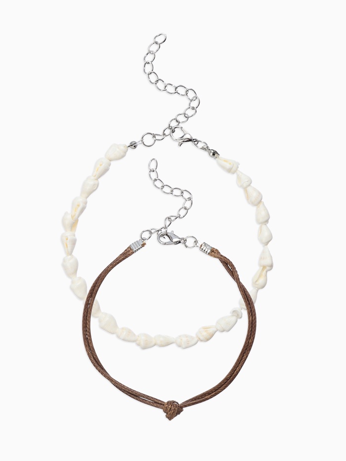 Браслеты на ногу «Ракушки», набор 2 шт. L=28 см, белые, коричневый в серебре - Фото 1