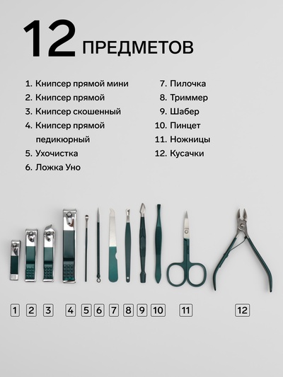 Набор маникюрный, 12 предметов, в футляре, цвет изумрудный
