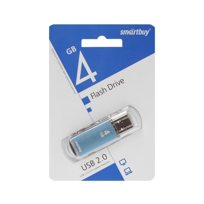 Флешка Smartbuy V-Cut, 4 Гб, USB 2.0, чт до 25 Мб/с, зап до 15 Мб/с, синяя