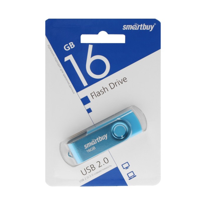 Флешка Smartbuy Twist, 16 ГБ, USB 2.0, чтение до 25 Мб/с, запись до 15 Мб/с, синяя