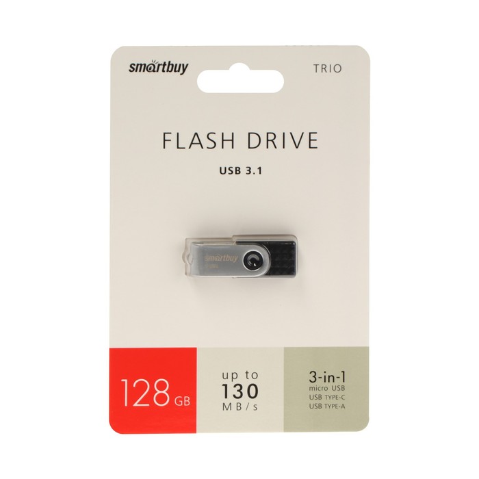 Флешка Smartbuy TRIO 3-in-1 OTG,128Гб, USB3.0, Type-C,microUSB, чт до 100Мб/с, зап до 10Мб/с - Фото 1