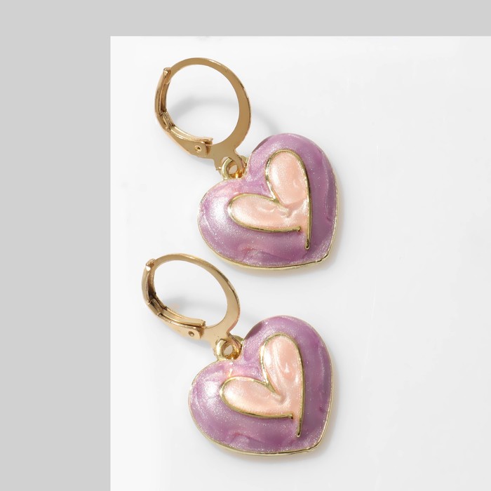 Серьги эмаль «Сердце», цвет сиренево-розовый в золоте - Фото 1