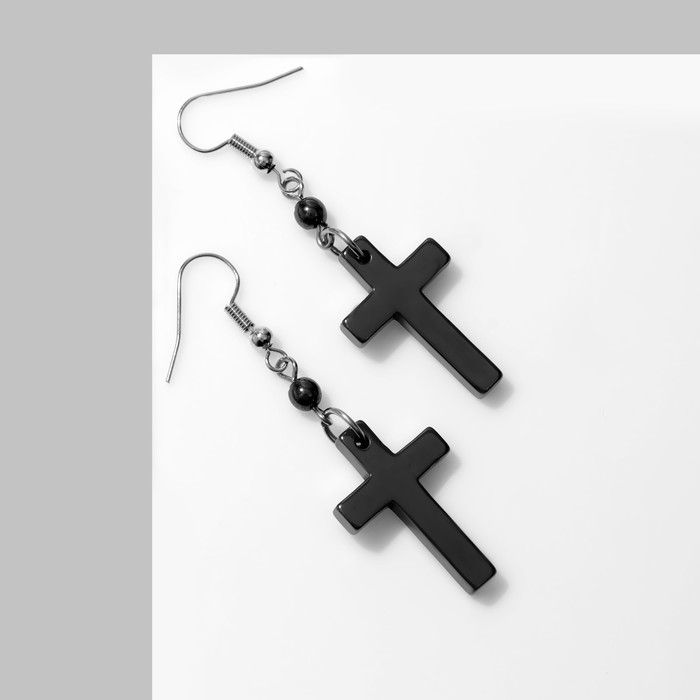 Серьги «Гематит» крестики, цвет чёрный в серебре - Фото 1