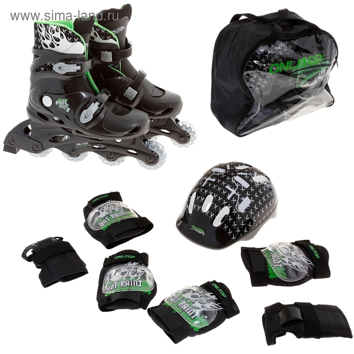 Набор Ролики раздвижные + Защита, колеса PVC 64 мм, пластиковая рама, black/green р.39-42 - Фото 1