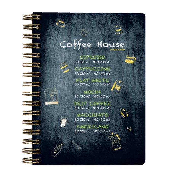 

Тетрадь А6 60 листов в клетку на гребне COFFEЕ HOUSE, обложка картон, твёрдая подложка, soft touch, тиснение фольгой, блок 70 г/м2