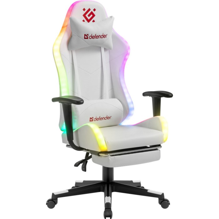Кресло игровое DEFENDER Watcher, до 120 кг, подставка для ног, подсветка, иск. кожа, белое - Фото 1