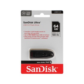 Флешка SanDisk Ultra, 64 Гб, USB 3.0, чт до 100 Мб/с, зап до 40  Мб/с, черная 9891470