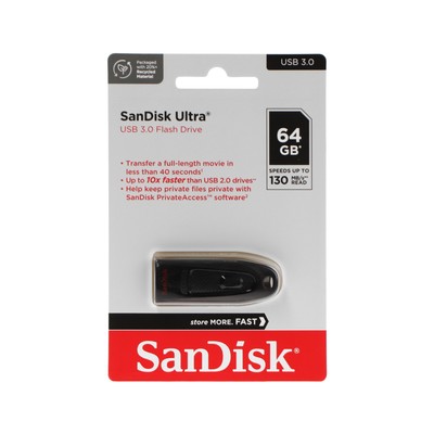 Флешка SanDisk Ultra, 64 Гб, USB 3.0, чт до 100 Мб/с, зап до 40  Мб/с, черная
