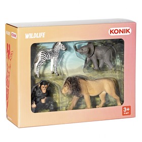 Набор диких животных KONIK: лев, шимпанзе, слоненок, зебра