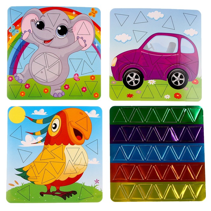 Картина мозаика набор 2, "Сказочные наклейки" "Авто, слон, попугай"