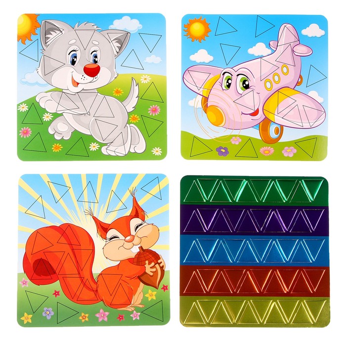 Картина мозаика набор 3"Сказочные наклейки" "Котенок, белочка, самолет"
