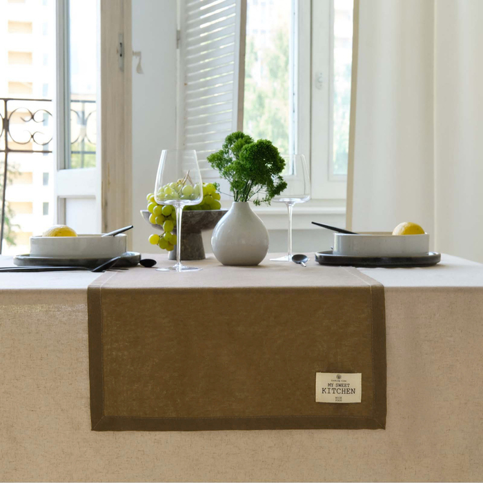 Дорожка на стол «Этель» ECO, 40×136 ±6 см, 70% хлопок, 30% лён, 190 г/м², оливковая - Фото 1