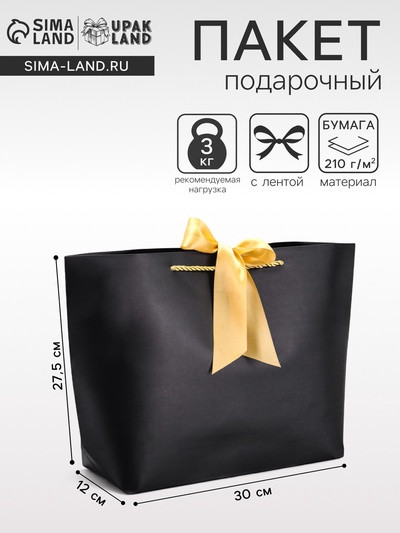 Пакет подарочный ламинированный, с лентой «Чёрный», горизонтальный, 30×27.5×12 см