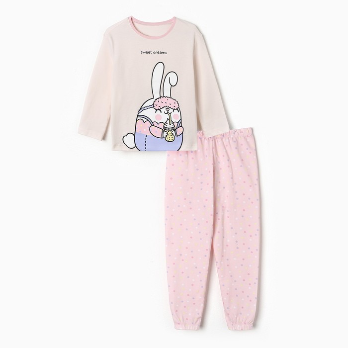 Пижама для девочек (лонгслив, брюки), цвет бледно-розовый/горошек, рост 92 см