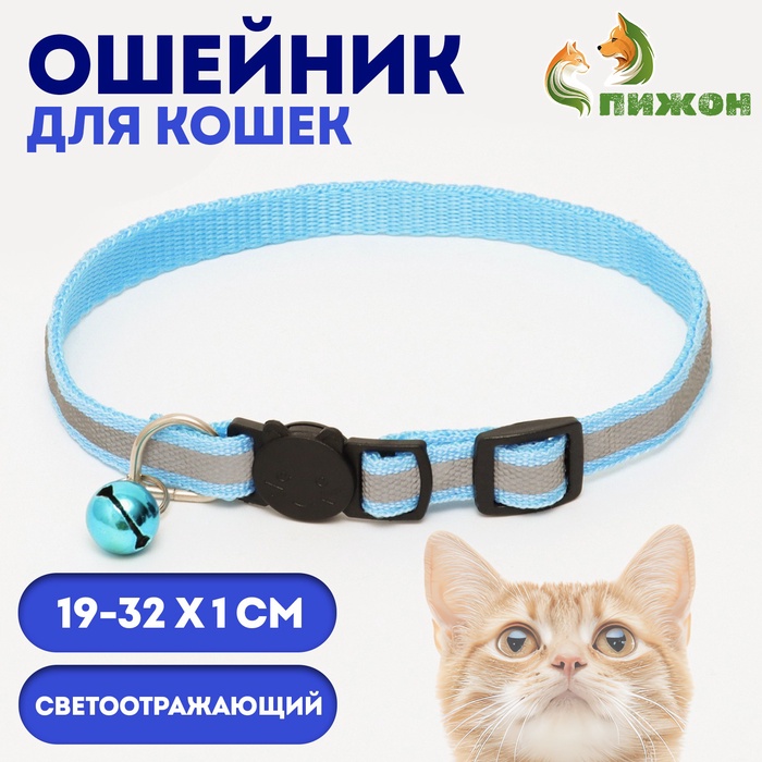 Ошейник кошачий светоотражающий, 19-32×1 см, голубой - Фото 1