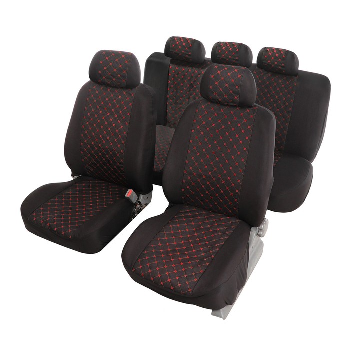 Чехлы на сиденья в автомобиль TORSO Premium, 11 предметов, красная строчка - Фото 1