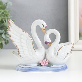 Сувенир керамика "Лебедь с лебёдушкой в пруду, в горошек" 10 см