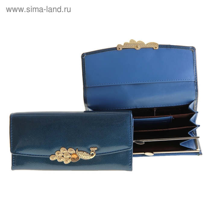 Кошелек женский "Павлин", 5 отделов, 1 отдел на рамке, отдел для кредиток, цвет синий - Фото 1