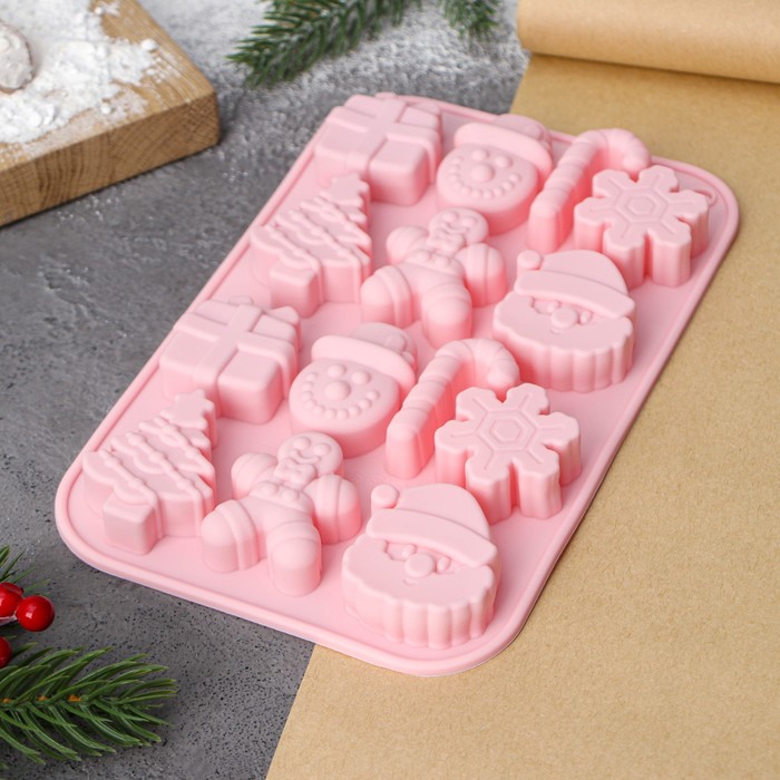 Форма для выпечки Доляна «Новогодние подарки», силикон, 20×12,7×1,7 см, 14 ячеек, цвет розовый - Фото 1