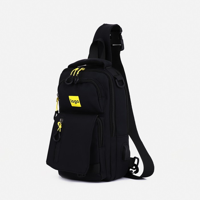 Рюкзак-слинг 2 отдела на молнии, 3 наружных кармана, USB, цвет чёрный - фото 281914808