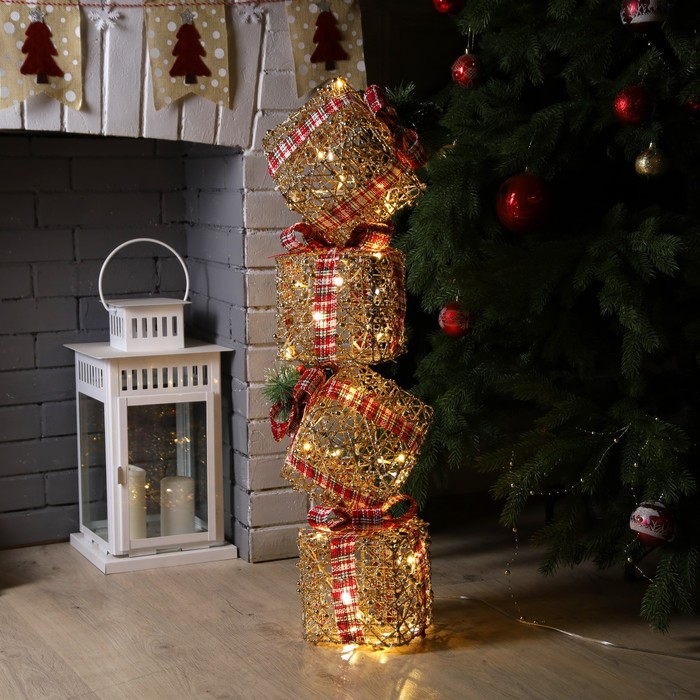Светодиодная фигура «Башня из подарков» 15.5 × 80 × 15.5 см, металл, текстиль, 220 В, свечение тёплое белое