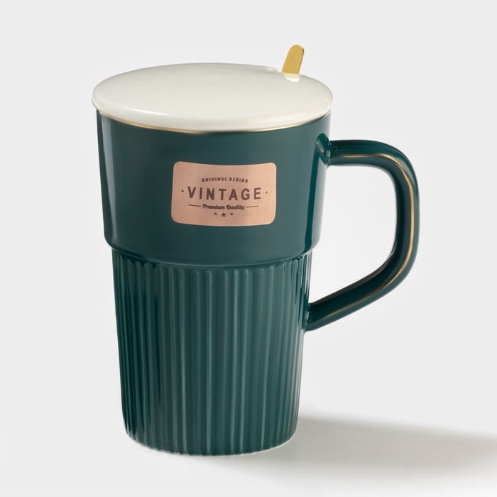 Кружка керамическая с крышкой и ложкой Vintage, 350 мл, цвет изумрудный - Фото 1